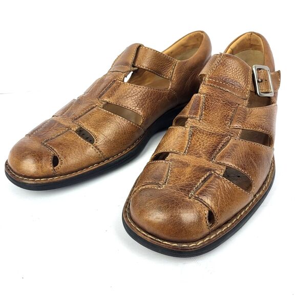 Johnston Murphy Men's Fisherman Sandals 10 M Brown Soft Pebbled Leather Shoes - Picture 1 of 14